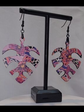 Floral Pink Tropical Leaf Drop Earrings - Women Jewelry
